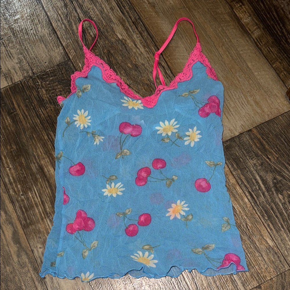 Victoria's Secret Blue Cami with Pink Lace and Cherry Print
